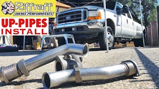 2001 F350 73  RiffRaff UpPipes Install  Stock up pipes leaking and falling apart JUNK SP [upl. by Ylirama]