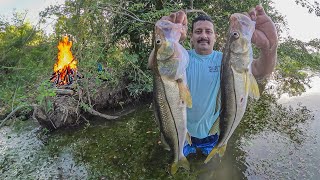 Pescando ROBALOS DE RIO Con arpón y cocinando con un bello atardecer [upl. by Erskine]